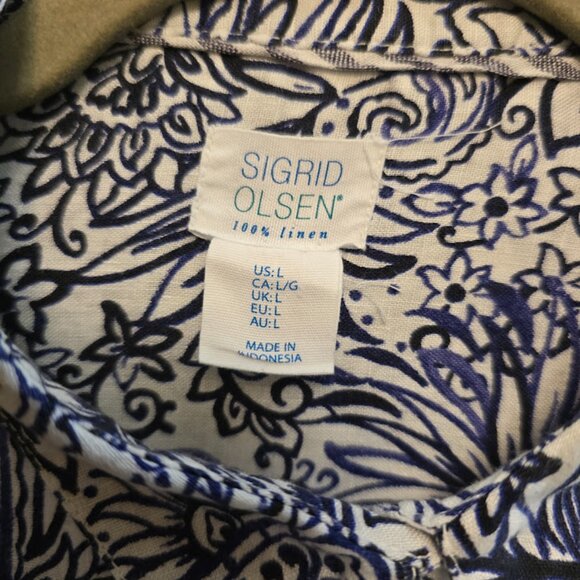 SIGRID OLSEN 100% LINEN TOP SIZE LARGE NAVY WHITE FLORAL PRINT LIGHTWEIGHT - Picture 2 of 7